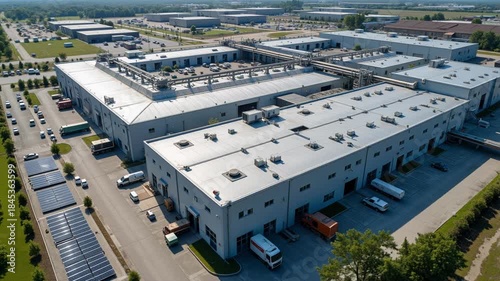 High altitude drone captures industrial complex with data processing facilities