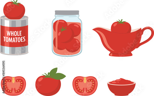 Tomato vector illustrations set including canned whole tomatoes, glass jar preserves, sauce boat, fresh vegetable slices, and tomato paste bowl isolated on white background.