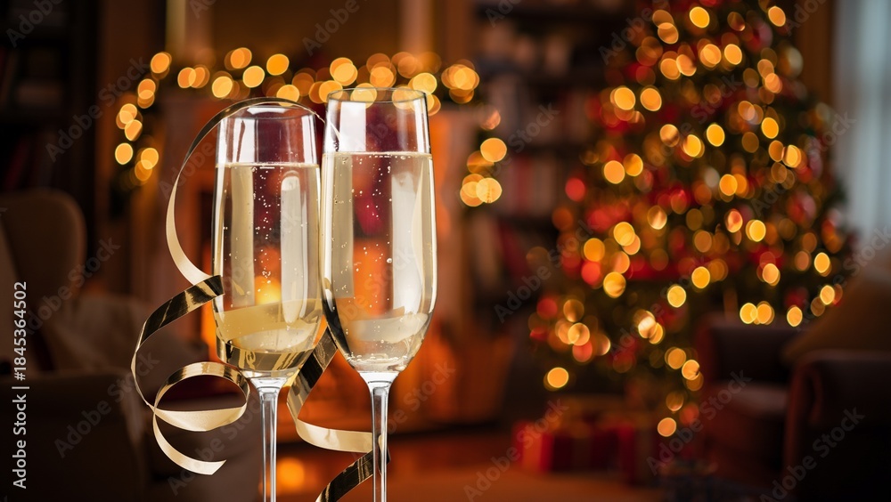 Fototapeta premium Two glasses of champagne on abstract room background