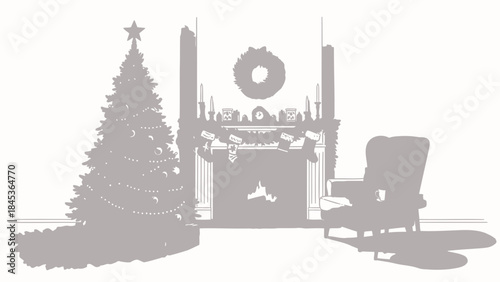 Christmas tree and fireplace scene cozy holiday interior with armchair vector silhouette for festive