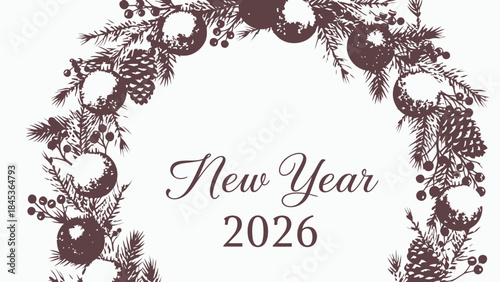 Hand-drawn New Year 2026 wreath with pine cones and baubles vintage Christmas decoration for festive