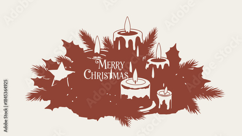 Christmas candle arrangement with pine needles and star festive holiday decoration for greeting card