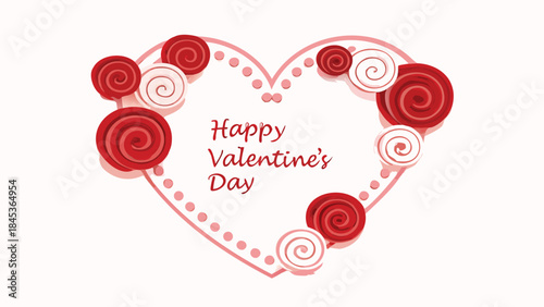 Decorative heart with red and pink swirls on white background saying happy valentines day