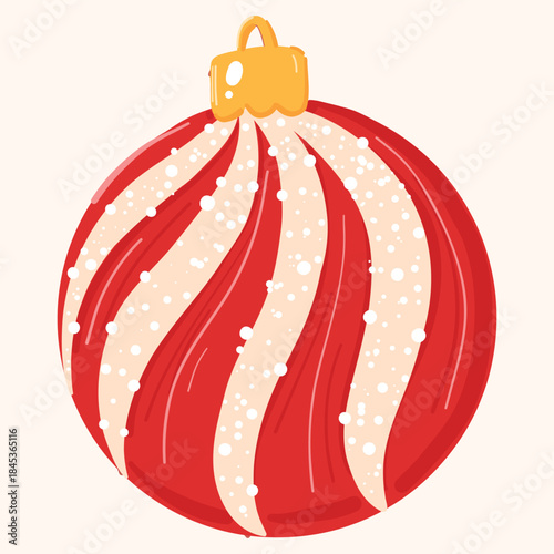 Red Christmas Ornament With White Stripes And Glittering Snow Dots On A Gold Cap