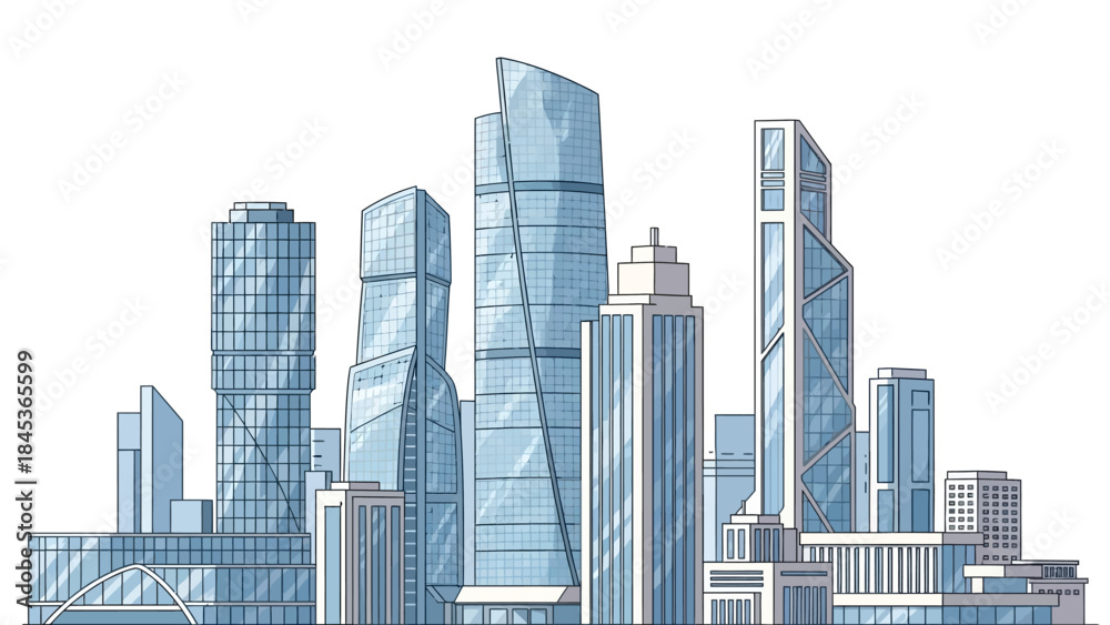 Fototapeta premium Modern Cityscape Illustration Featuring a Cluster of Sleek, Contemporary Skyscrapers with a Blue Hue