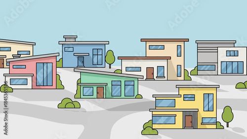 Vibrant modern homes in a clean, stylized neighborhood illustration with colorful accents and clear blue sky