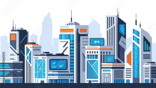 Futuristic cityscape with modern skyscrapers and advanced technology integrated into the architecture