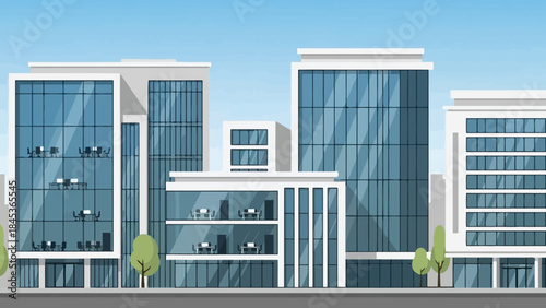 Modern Glass Office Buildings in a Cityscape with Blue Sky and Trees