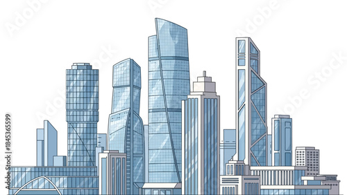 Modern Cityscape Illustration Featuring a Cluster of Sleek, Contemporary Skyscrapers with a Blue Hue