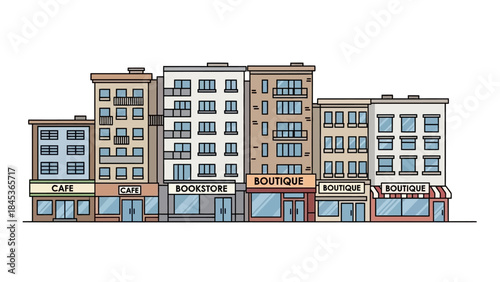 A Colorful Cartoon Illustration of a Row of Buildings with Various Businesses on the Ground Floor