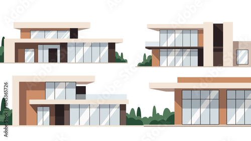 Modern architectural designs showcasing sleek residential buildings with large windows and clean lines