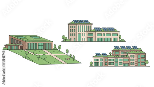 Sustainable building designs featuring solar panels on green roofs and modern architecture