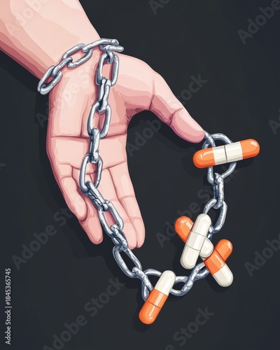 Hand Grasping Chain Formed by Orange and White Pills.