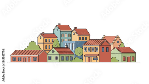 Illustration of a colorful row of houses, depicting a charming urban neighborhood or a suburban street scene