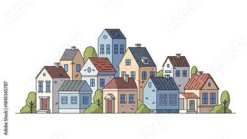 A charming cluster of colorful houses on a bright day, depicting a peaceful suburban neighborhood with lush green trees