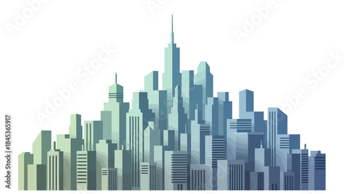 A vast, modern cityscape with varying heights of buildings, rendered in a gradient of cool blue and green tones, creating a sense of depth and scale
