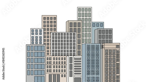 An artistic representation of a dense urban environment with a cluster of distinct buildings, reflecting the dynamic nature of a growing city's infrastructure and development and modern life