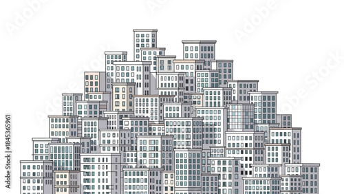 Dense urban illustration with many modern buildings forming a crowded cityscape. This graphic symbolizes architectural growth, population density, and the dynamism of a metropolis
