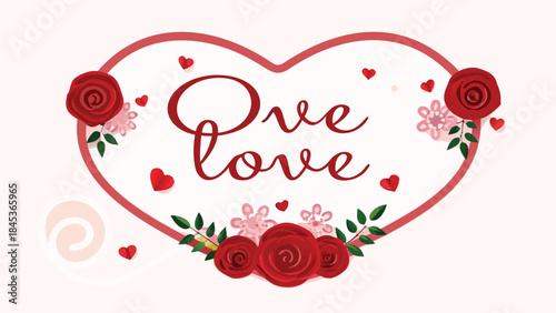 Flat vector design showing a rose laid over a heart with love text and floral elements on pink background