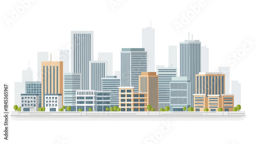 Modern city skyline illustration with various buildings and urban landscape on a clean white background, representing dynamic urban development and metropolitan growth