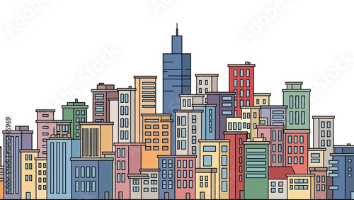 Vibrant and diverse urban city skyline illustration featuring numerous architectural buildings and a prominent central skyscraper in a modern flat design style, representing a bustling metropolis