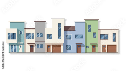 Vibrant flat design illustration depicting a modern urban street with a diverse row of contemporary houses. Capturing a lively neighborhood and community concept