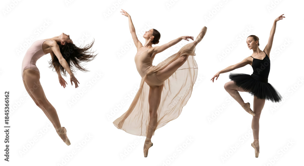 Obraz premium dynamic ballet dancers performing expressive jumps and poses isolated on transparent background