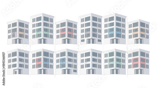 A collection of modern architectural building facades in various color schemes, offering versatile design elements for urban development and cityscape illustrations