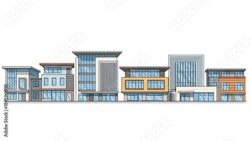 A row of modern commercial buildings with glass facades and varied architectural styles.