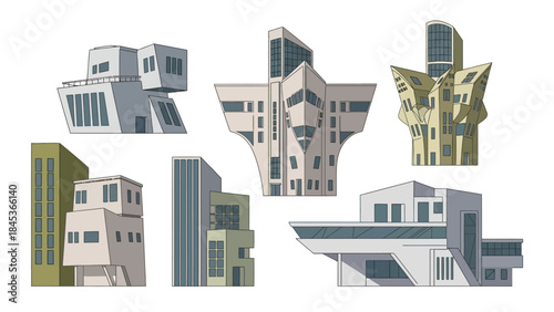 A collection of diverse modern architectural building designs with unique geometric shapes and facades.