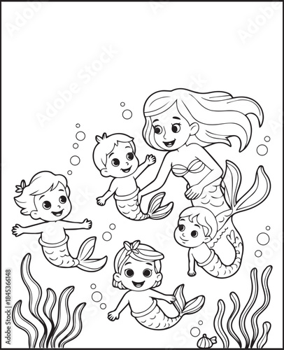 Cute mermaid sea princess in underwater scenery black vector line art illustration coloring page for kids 