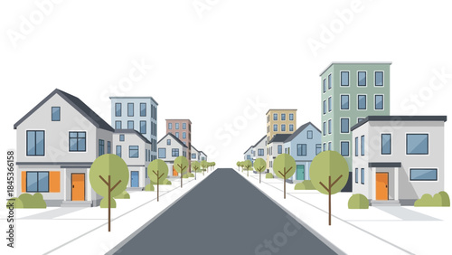 A perspective view of a suburban street lined with houses and apartment buildings.