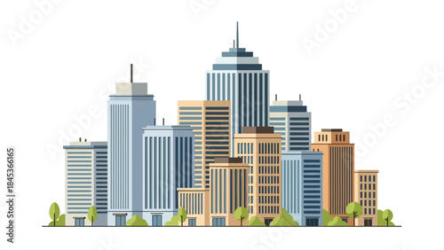 Modern city skyline illustration featuring a cluster of tall buildings and skyscrapers against a white background.
