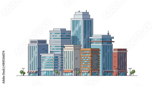 A vibrant illustration of a modern city skyline featuring a collection of diverse skyscrapers and commercial buildings.
