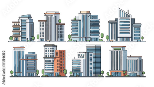 Set of modern city buildings and skyscrapers with various architectural designs, featuring offices and residential blocks in a clean line-art style.