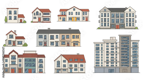 A collection of various residential and commercial buildings in a cartoon line art style with flat colors.