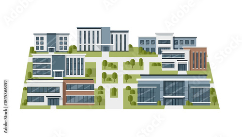 An aerial view of a modern office park with multiple buildings, green spaces, and pathways.