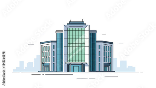 Modern office building with glass facade and symmetrical wings against a city skyline.