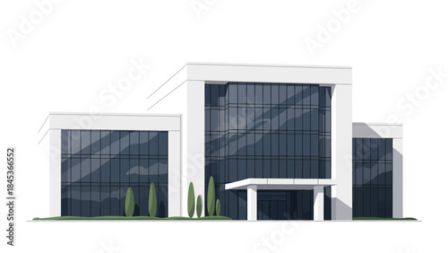 Modern commercial building with large glass windows and clean white exterior.