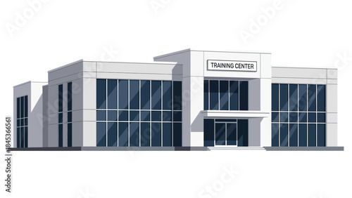 A modern white building with large blue-tinted windows, labeled as a 'Training Center'.