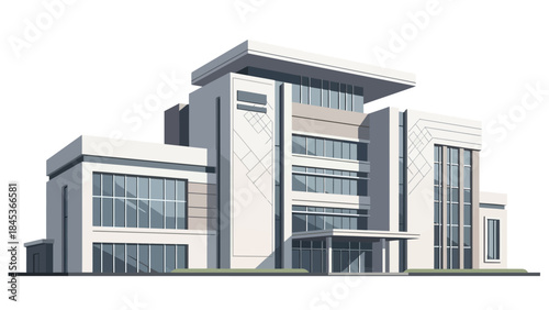 A modern, multi-story white building with large glass windows and a flat roof, set against a white background.