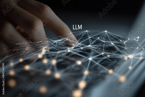 Hand Touching Glowing Digital Network Mesh Structure.