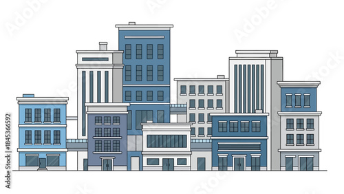 A diverse collection of modern city buildings with varying heights and architectural styles, rendered in a clean, illustrative style.