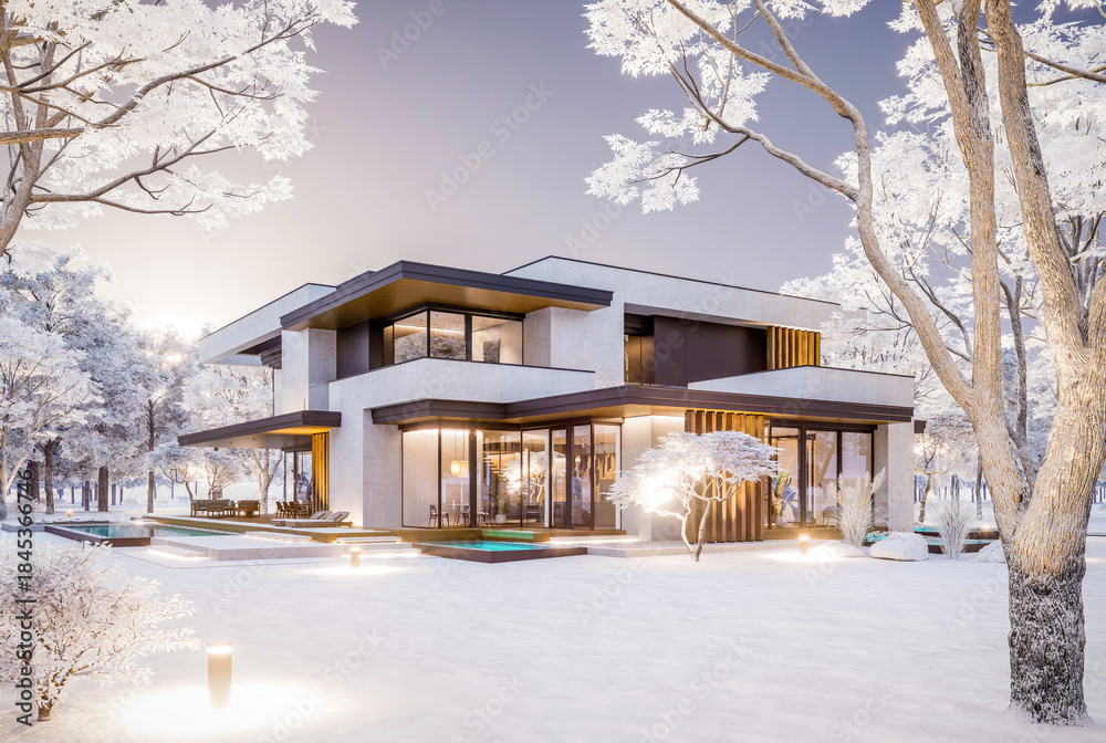 Fototapeta premium 3d rendering of two-story house with parking and pool for sale or rent with concrete facade and beautiful landscaping on background. Cool winter day with shiny white snow