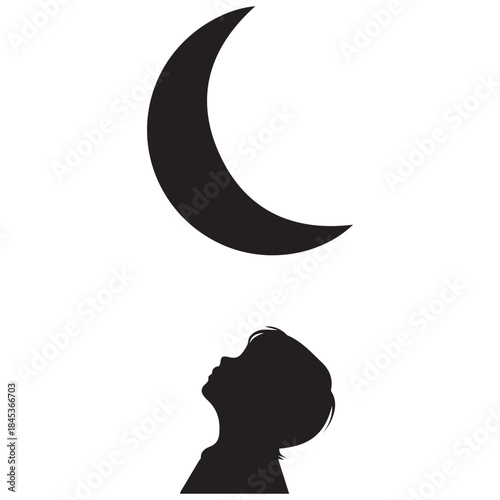 Silhouette of a child looking up at a crescent moon in the night sky