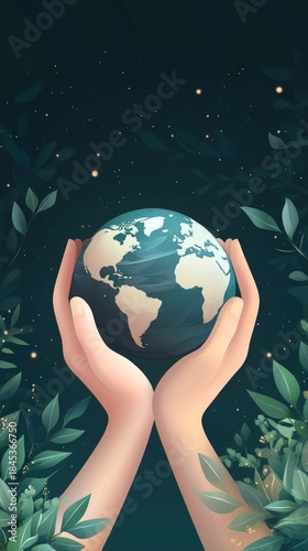Hands Cradling Earth Globe with Leaves and Stars.