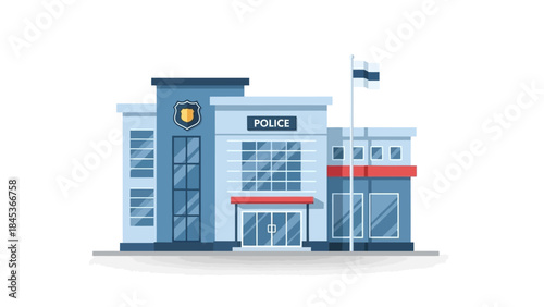 A modern, flat design illustration of a police station building with a flag and a shield emblem on a white background.