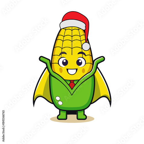 Cute Cartoon Corn Cob Character with Santa Hat and Green Superhero Cape Vector