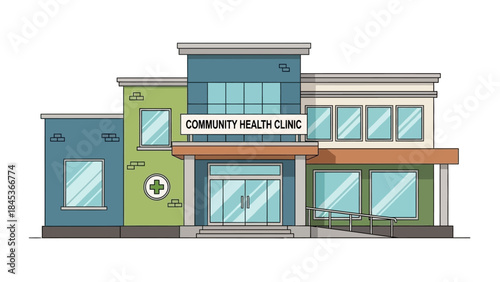 A modern community health clinic building with multiple sections, large windows, and a welcoming entrance.