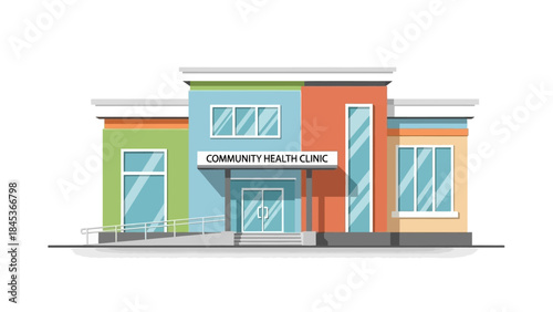Colorful modern community health clinic building with accessibility ramp and multiple windows, vector illustration.